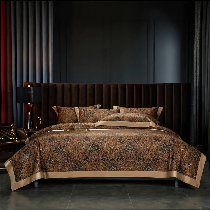Regal brown paisley bedding set styled on a modern upholstered bed, ZUVRIC – L&B