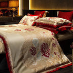 Ivory and red floral bedding set with embroidered peonies, gold jacquard vines, and a luxurious satin sheen – L&B