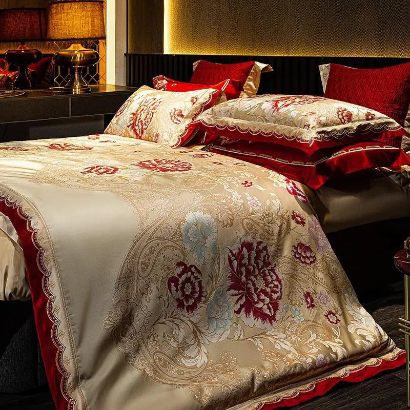 Ivory and red floral bedding set with embroidered peonies, gold jacquard vines, and a luxurious satin sheen – L&B