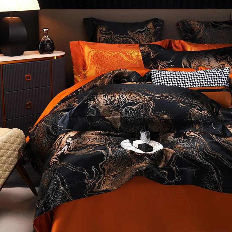 Black gold Egyptian cotton bedding set with matching jacquard shams and contrasting burnt orange sheets – L&B