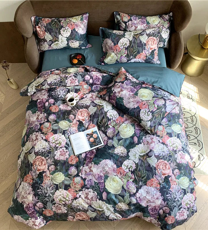 Black floral bedding set covered in colorful roses and botanical blooms, FLOWER GARDEN overhead view – L&B