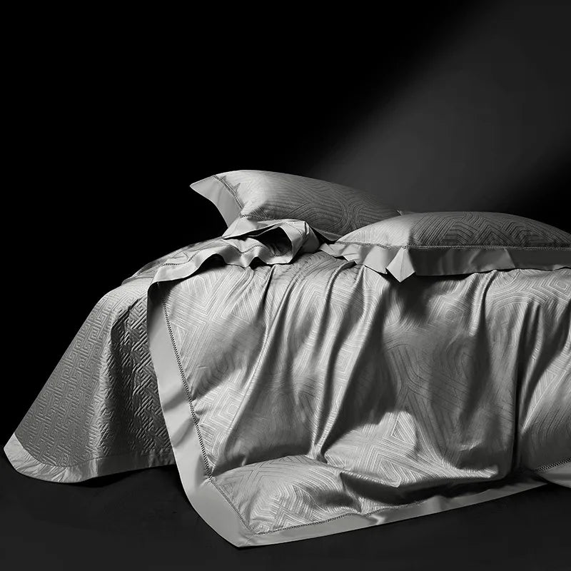 Pewter gray luxury bedding set with fluid jacquard drape and quilted bedspread, LUSTRA PEWTER – L&B