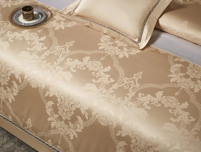 Gold jacquard duvet cover with an ornate damask pattern and lustrous Egyptian cotton satin finish - L&B