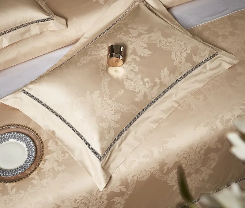 Gold damask decorative pillow with architectural jacquard detailing and refined tonal edging - L&B