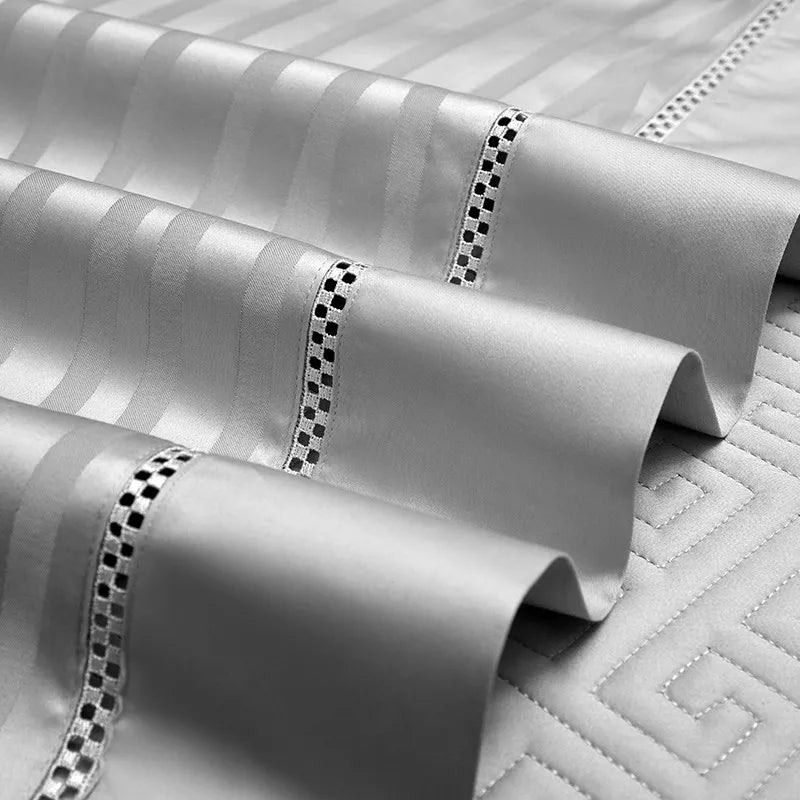 Silver gray long-staple cotton bedding with luminous stripes and delicate openwork trim, LUSTRA SILVER – L&B