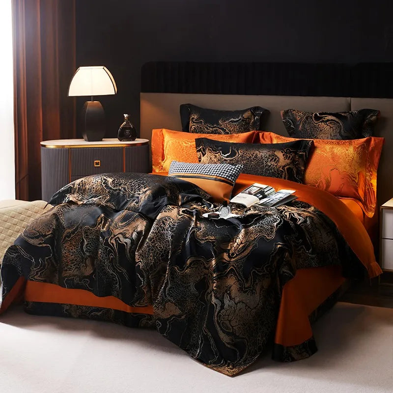 Black and copper Egyptian cotton duvet cover set on a contemporary bed with a lustrous satin jacquard finish – L&B