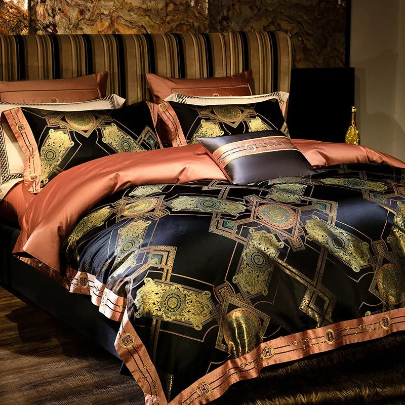 Black Egyptian cotton satin bedding draped to display its gold jacquard pattern and tailored edging – ROYAL H. BLACK – L&B