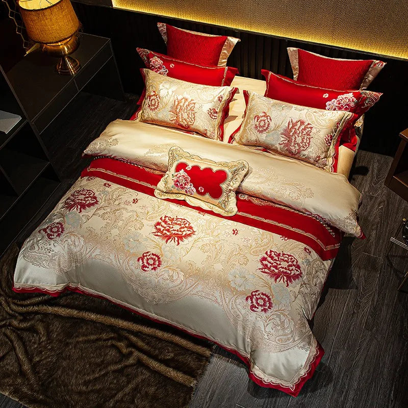 Luxury ivory duvet cover set with red peony embroidery, gold botanical accents, and a lustrous satin finish – L&B