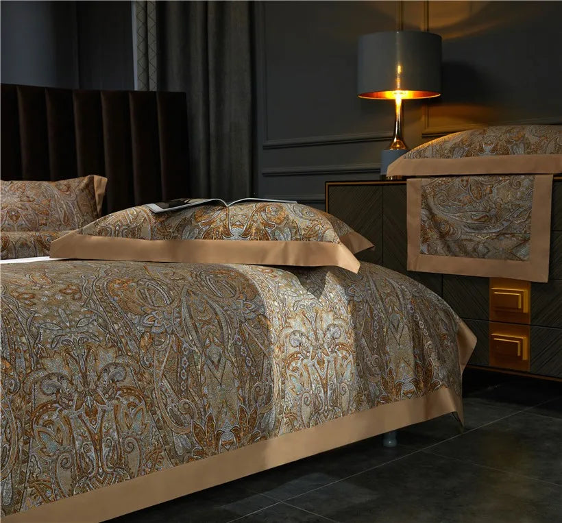 Side view of gold and pale blue baroque duvet cover set in a dark bedroom, ZLIKAN – L&B