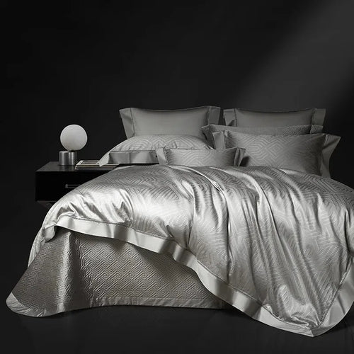 Pewter gray geometric jacquard bedding with sculptural contour linework, LUSTRA PEWTER – L&B