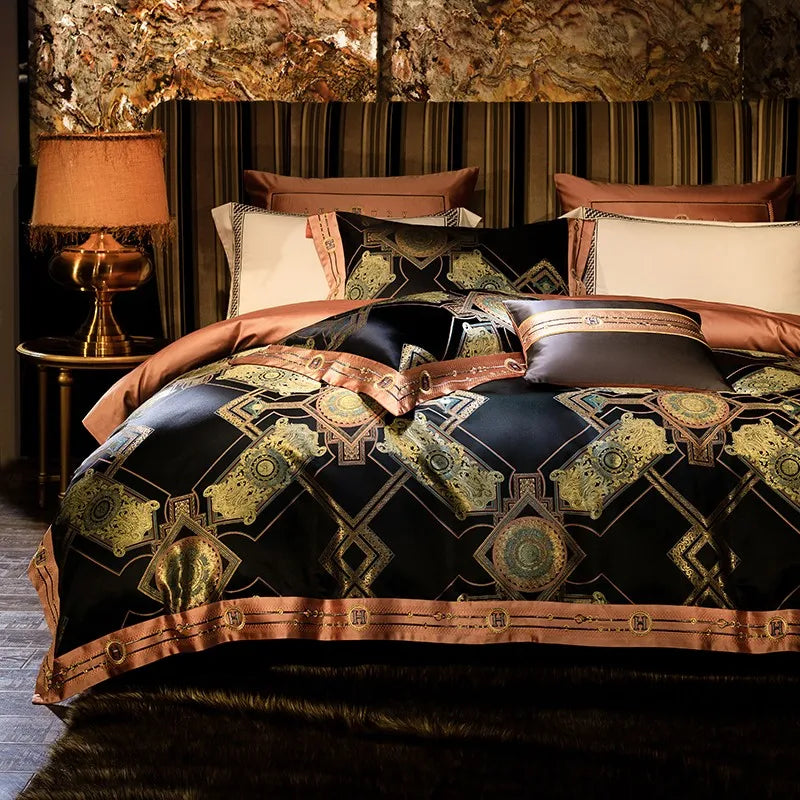 Luxury black duvet cover with antique-gold medallions and layered copper satin pillows – ROYAL H. BLACK – L&B