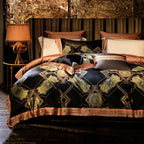Luxury black duvet cover with antique-gold medallions and layered copper satin pillows – ROYAL H. BLACK – L&B