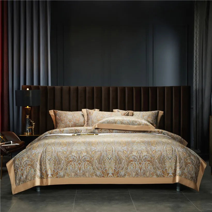 Full front view of gold and pale blue baroque duvet cover set in a dark luxury bedroom, ZLIKAN – L&B