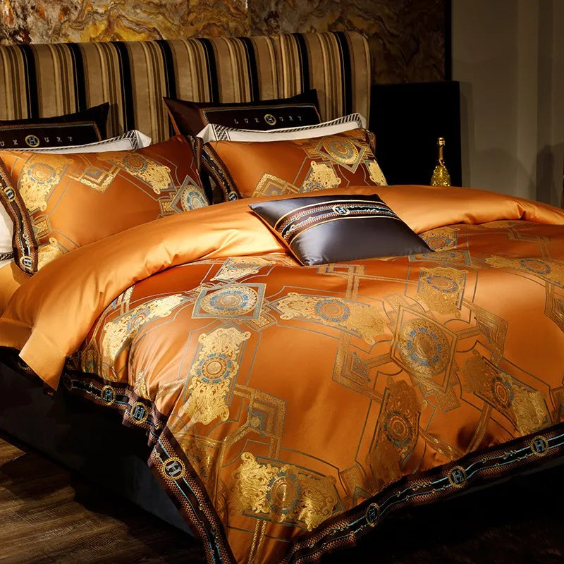 Burnt orange and gold Egyptian cotton bedding with a silky satin sheen and layered baroque pillows – ROYAL H. ORANGE – L&B