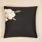 Black Egyptian cotton pillow sham with ivory peony embroidery and delicate gold leaf detailing – L&B