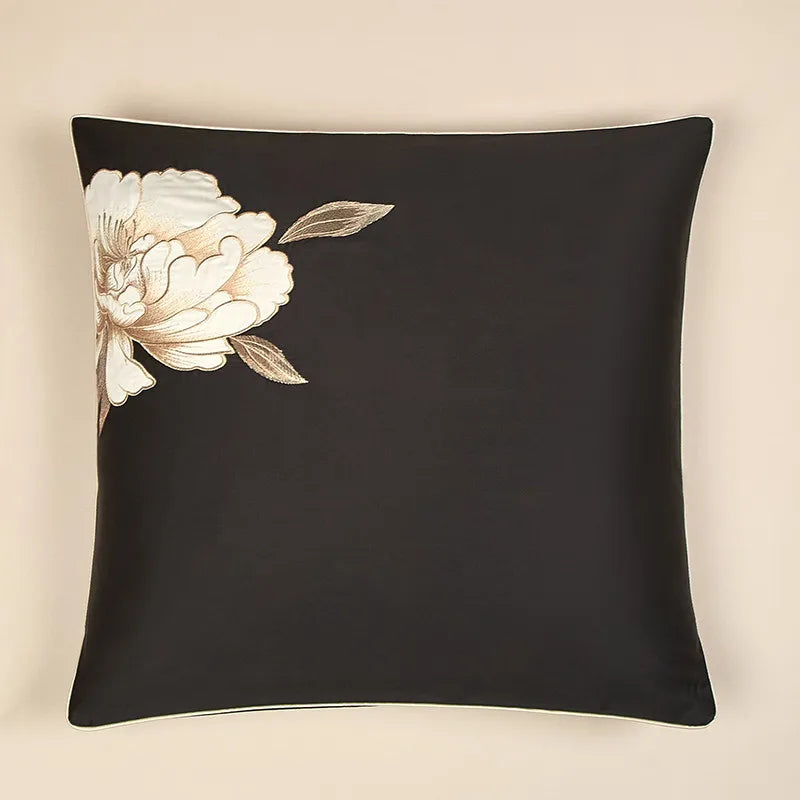 Black Egyptian cotton pillow sham with ivory peony embroidery and delicate gold leaf detailing – L&B