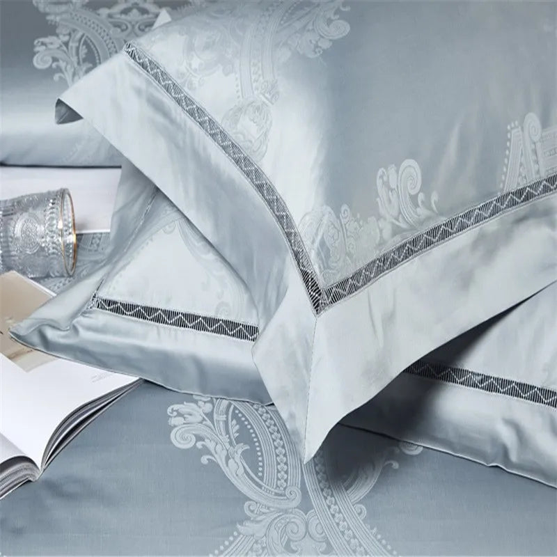 Sky blue Egyptian cotton satin bedding with an ornate damask duvet cover and refined braided trim – L&B