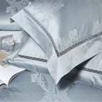 Sky blue Egyptian cotton satin bedding with an ornate damask duvet cover and refined braided trim – L&B