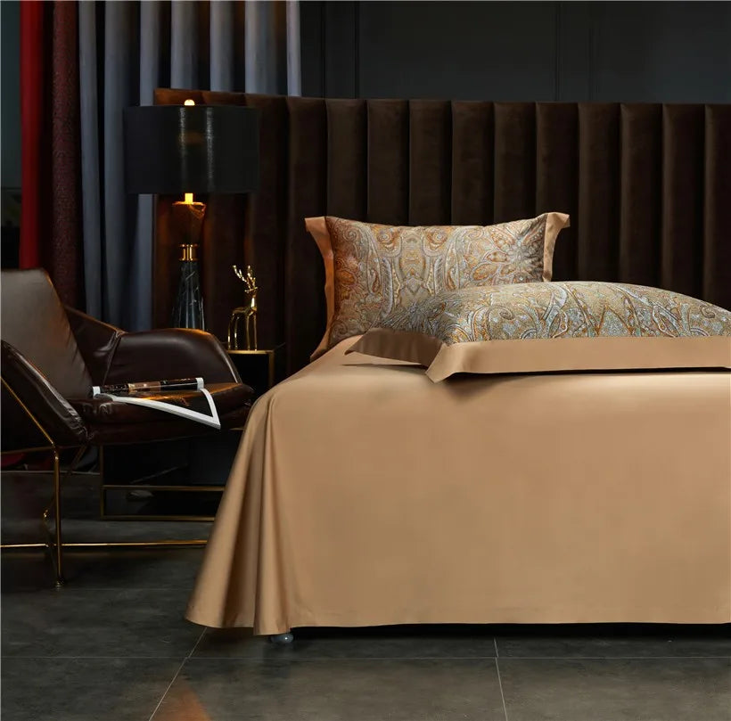 Gold bedspread with pale blue baroque pillow shams for luxury  bedroom, ZLIKAN – L&B
