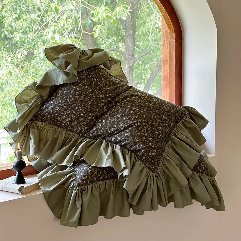 Olive green floral ruffle duvet cover set in 100% cotton, MOSSBELLE styled in a cottagecore bedroom – L&B