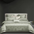 Sage green damask duvet cover set in 1200TC Egyptian cotton satin with layered shams and a luminous jacquard finish – L&B