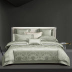 Sage green damask duvet cover set in 1200TC Egyptian cotton satin with layered shams and a luminous jacquard finish – L&B