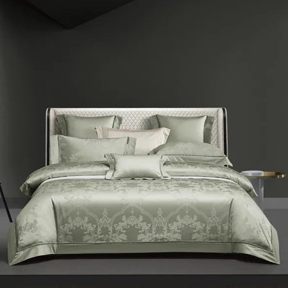 Sage green damask duvet cover set in 1200TC Egyptian cotton satin with layered shams and a luminous jacquard finish – L&B