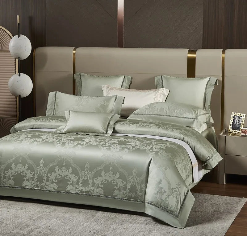 Luxury sage green bedding set styled with a damask jacquard duvet cover and coordinating decorative pillows – L&B
