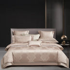 Champagne beige damask duvet cover set in 1200TC Egyptian cotton satin with layered shams and a luminous jacquard finish - L&B