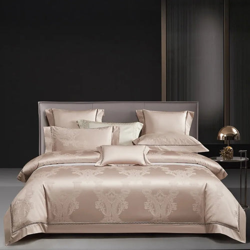 Champagne beige damask duvet cover set in 1200TC Egyptian cotton satin with layered shams and a luminous jacquard finish - L&B