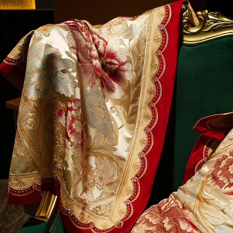 Ivory floral embroidered pillow sham with red edging and luminous Egyptian cotton satin fabric – L&B