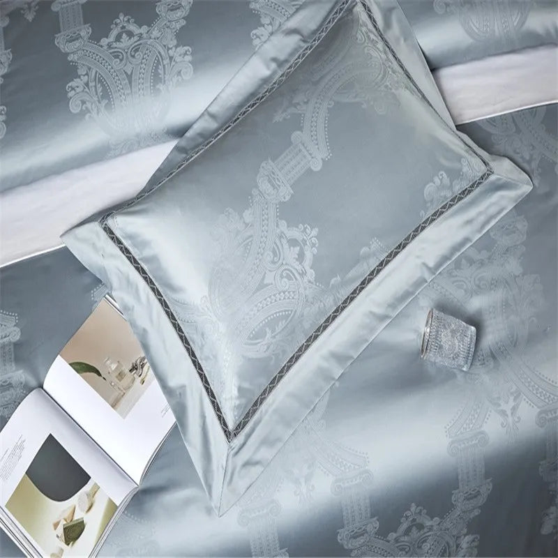 Sky blue damask decorative pillow with an architectural jacquard pattern and elegant tailored border – L&B