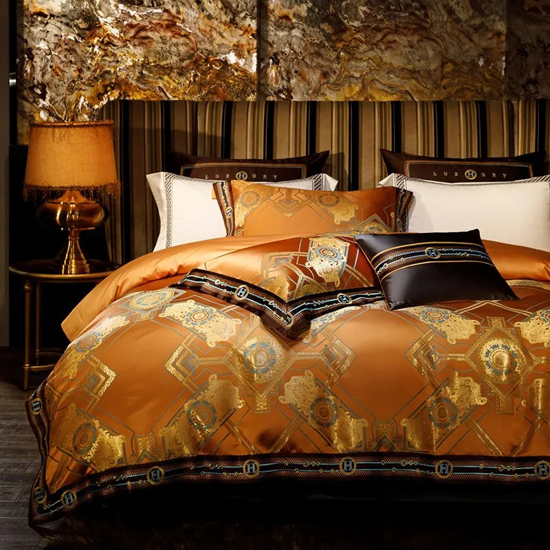 Royal burnt orange bedding with gold damask jacquard styled in an ornate statement bedroom – ROYAL H. ORANGE – L&B