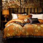 Royal burnt orange bedding with gold damask jacquard styled in an ornate statement bedroom – ROYAL H. ORANGE – L&B