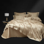 Champagne gold geometric jacquard bedding with coordinating pillow shams, LUSTRA GOLD – L&B