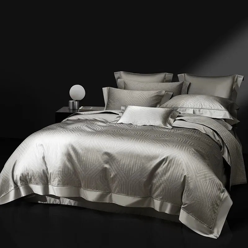Pewter gray abstract jacquard duvet cover with coordinating pillow shams, LUSTRA PEWTER – L&B