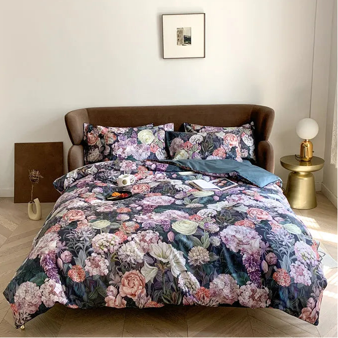 Black garden floral duvet cover set in 500TC Egyptian cotton, FLOWER GARDEN styled in a modern bedroom – L&B