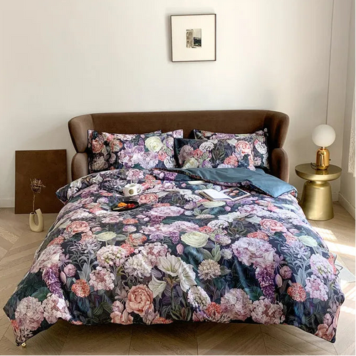 Black garden floral duvet cover set in 500TC Egyptian cotton, FLOWER GARDEN styled in a modern bedroom – L&B