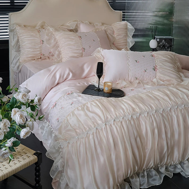 Blush pink coquette bedding with heart quilting, floral embroidery and gathered ruffles, RUBYLACE BLUSH – L&B