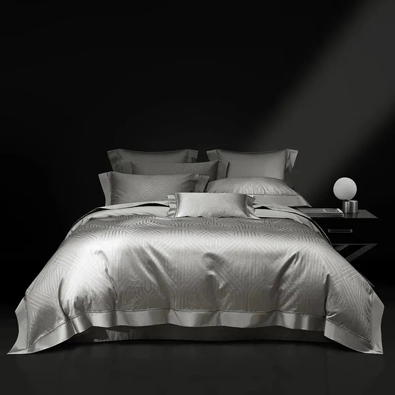 Pewter gray geometric jacquard duvet cover and quilted bedspread set, full view of LUSTRA PEWTER – L&B