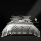 Pewter gray geometric jacquard duvet cover and quilted bedspread set, full view of LUSTRA PEWTER – L&B