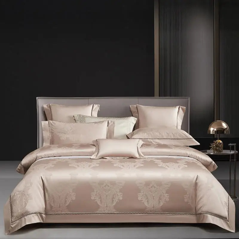 Champagne beige damask duvet cover set for quiet luxury bedroom  - L&B