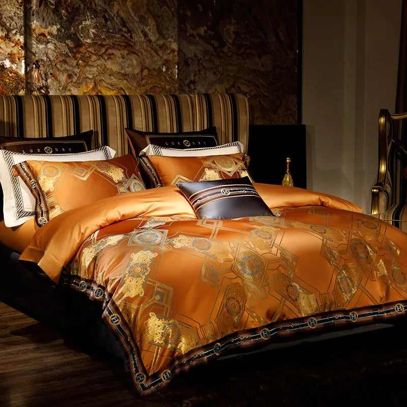 Burnt orange bedding set with a gold baroque duvet cover and coordinating decorative pillow shams – ROYAL H. ORANGE – L&B