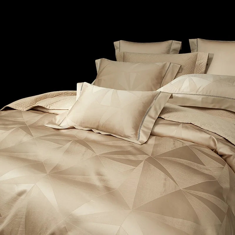 Champagne gold geometric jacquard bedding with coordinating pillow shams, LUSTRA GOLD – L&B