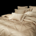 Champagne gold geometric jacquard bedding with coordinating pillow shams, LUSTRA GOLD – L&B