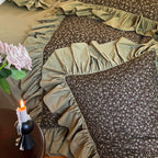 Olive green ditsy floral bedding with gathered ruffle trim and matching pillowcases, MOSSBELLE – L&B
