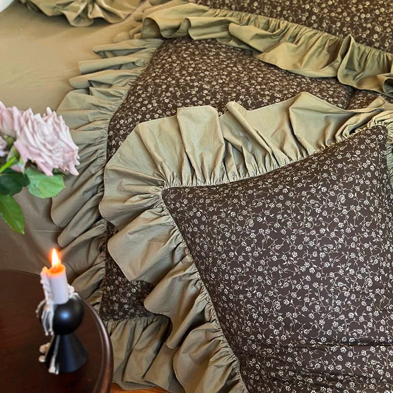 Olive green ditsy floral bedding with gathered ruffle trim and matching pillowcases, MOSSBELLE – L&B