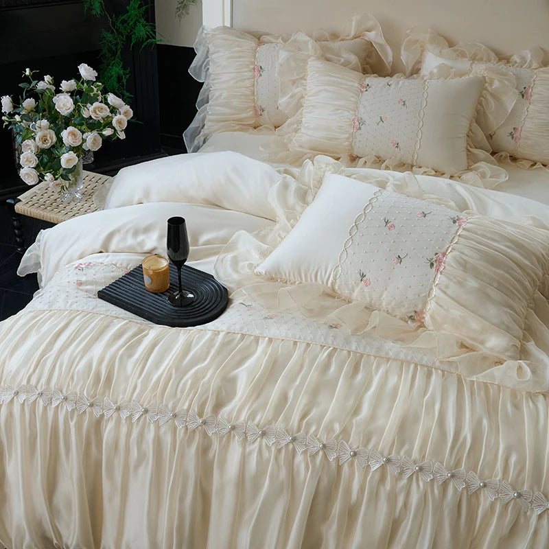 Ivory ruffle duvet cover with floral lace panels and romantic embroidered pillows, RUBYLACE IVORY – L&B