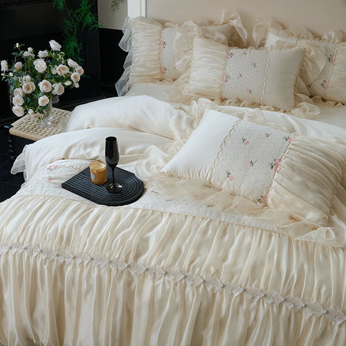 Ivory ruffle duvet cover with floral lace panels and romantic embroidered pillows, RUBYLACE IVORY – L&B