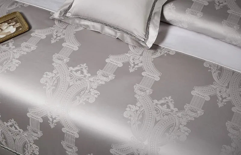 Silver gray Egyptian cotton satin bedding with an ornate damask pattern and same-tone braided trim – L&B